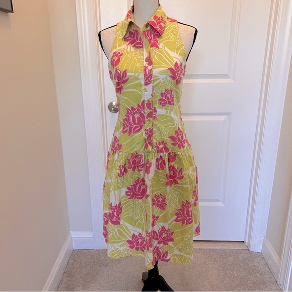 Lilly Pulitzer Pink and Green Floral Midi Dress SZ 4 - Picture 1 of 6